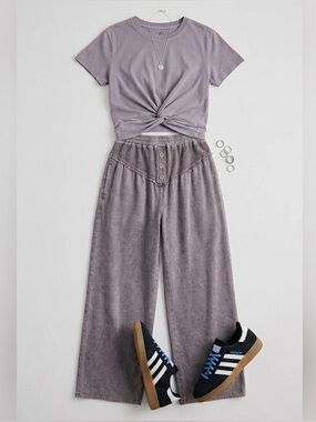 New J. Her Charcoal Mineral Wash Button Yoke Wide Leg Terry Pants Soft Size Sm